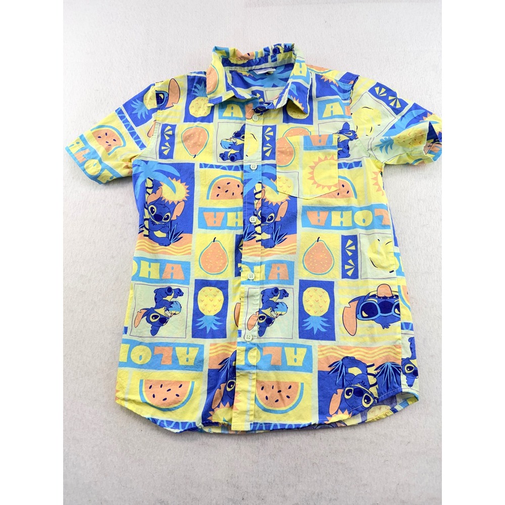 Disney Stitch Kids Large Blue Yellow Tropical Button Down Shirt Cotton Short Slv